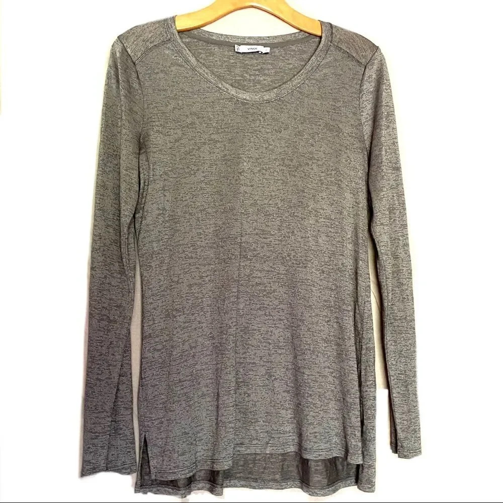 Vince Gray Silver Shimmer Tunic Knit Top Size S 4 6 Long Sleeve Shirt Classic